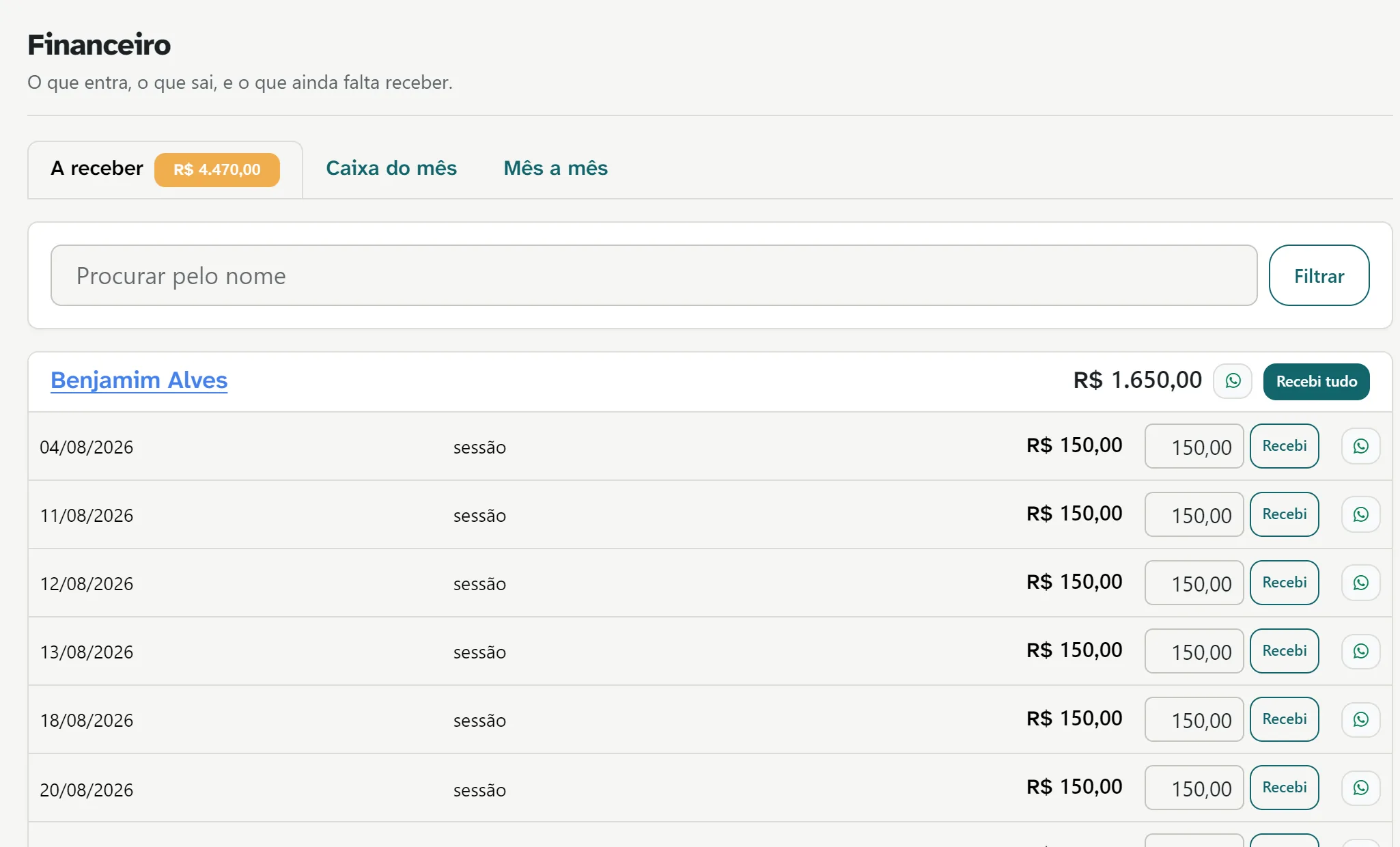 Lista de quem deve: cada sessão em aberto com o valor e os botões Recebi e WhatsApp.